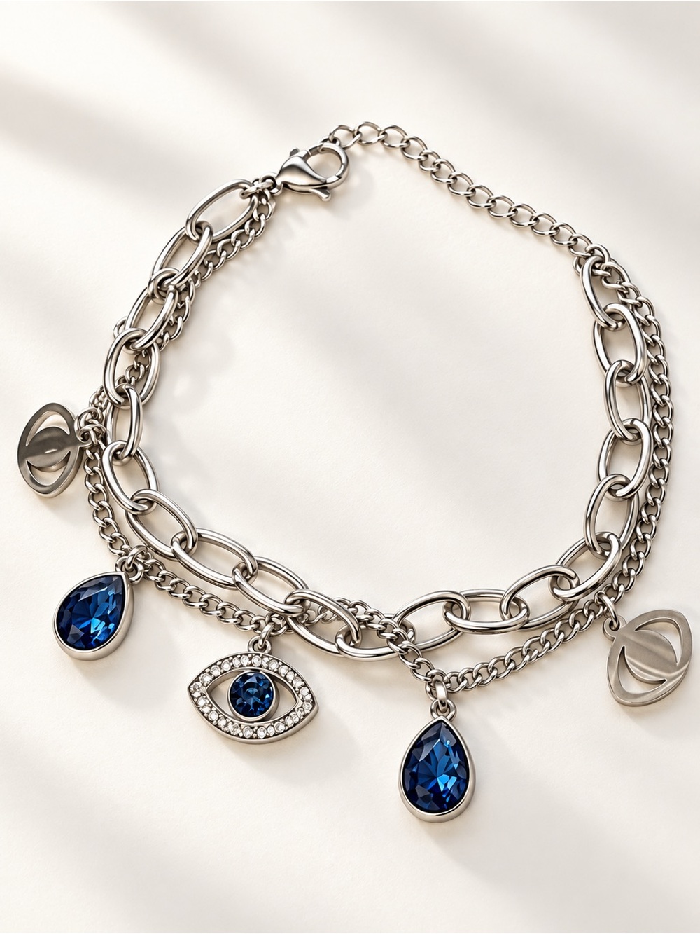 Stainless steel Chain Charm Bracelet with Blue Crystal Drops